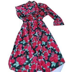VTG Victorias Secret Red Rose Green Textured Satin KimonoRobe W/2 Pockets SzM/L